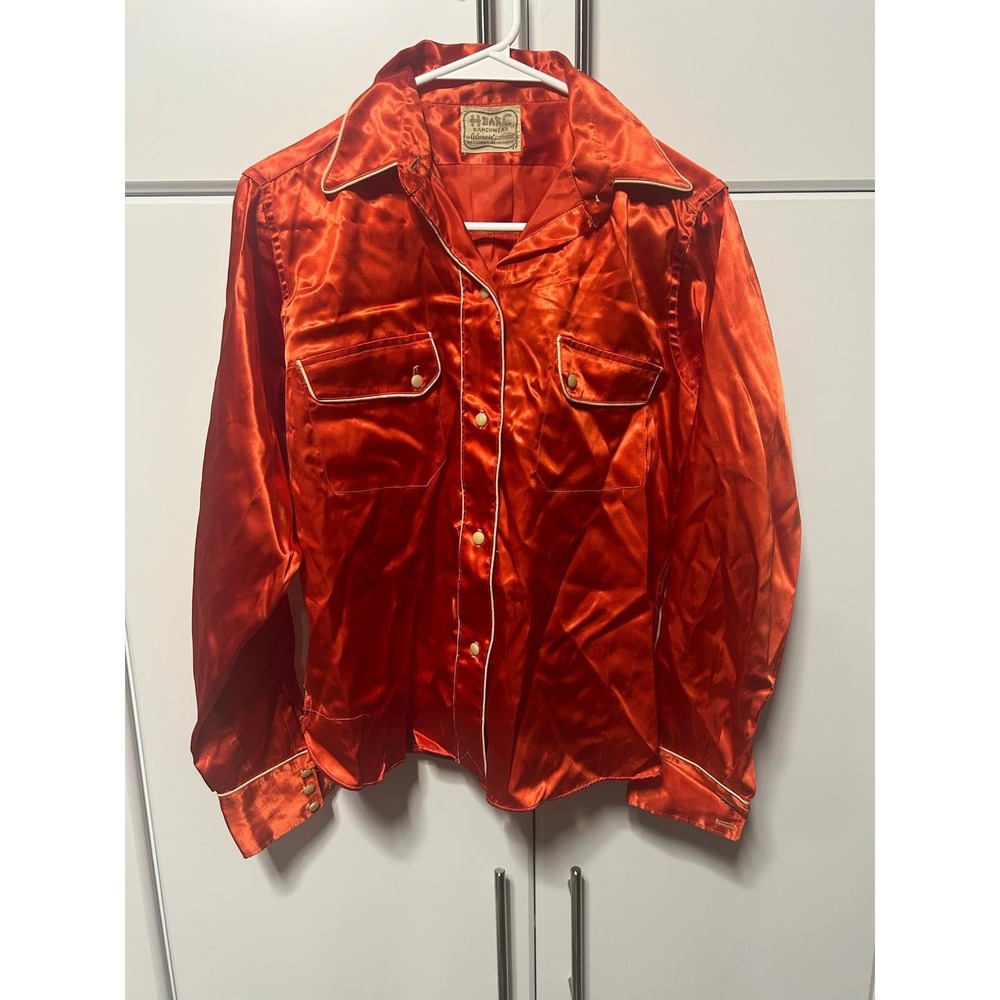 Vintage‎ H Bar C Ranchwear Western Shirt Burnt Orange Satin Rayon Pearl Snap L